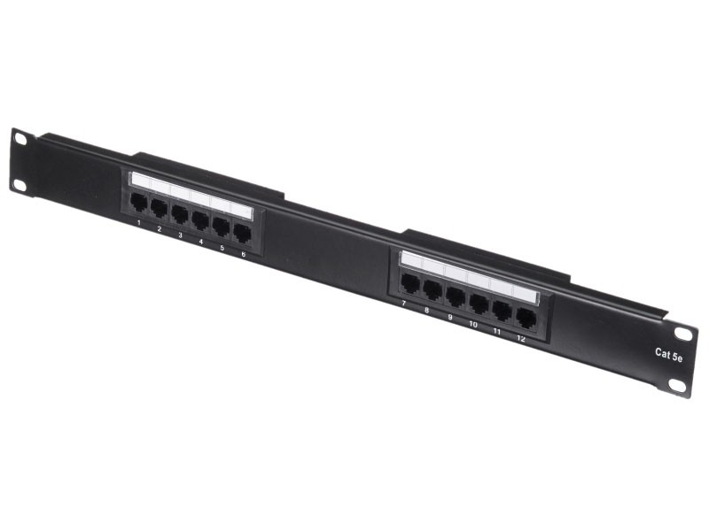 Патч-панель UTP, 19", 12 портов RJ45, cat.5е, 1U, 110 Type, черная, Netko
